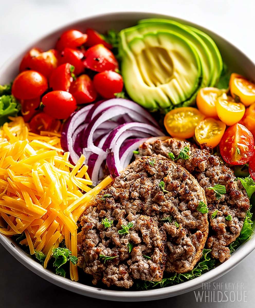 Ein Rezept für proteinreiche Cheeseburger-Gerichte – Zubereitung von kohlenhydratarmen Mahlzeiten mit Rinderhackfleisch und Burgersauce. image 2