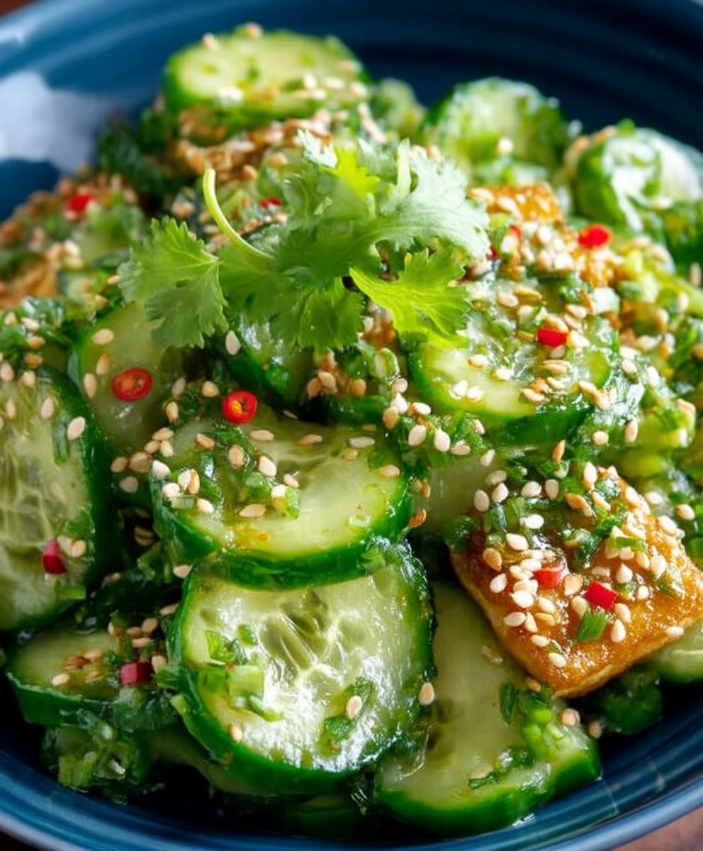 Einfacher, cremiger asiatischer Gurkensalat mit knusprigem Tofu image 2