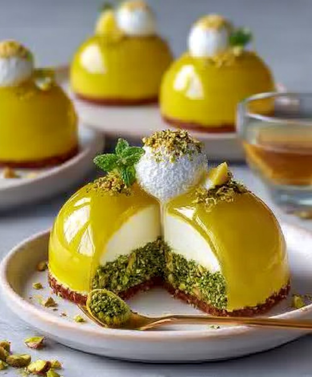 Pistazien- und Meyer-Zitronen-Mousse-Torten mit atemberaubender Spiegelglasur image 2